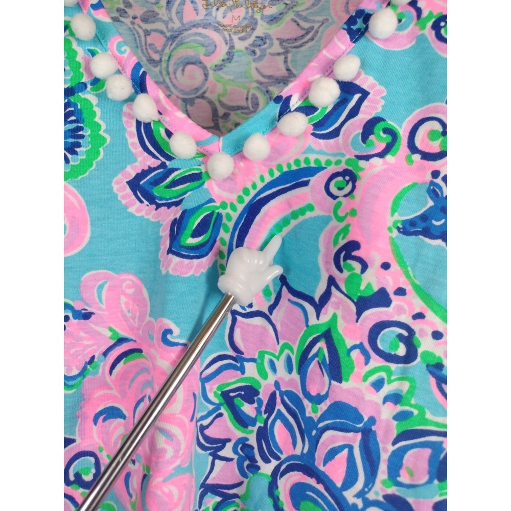 Lilly Pulitzer Etta Pom Pom V-Neck Dress Easy Peasy Blue White Cotton Medium - Picture 3 of 11